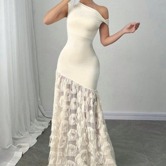 Apricot Elegant Women's Twist Shoulder Slim Fit Bodycon Fish Tail Jacquard Dress - Picture 6 of 8